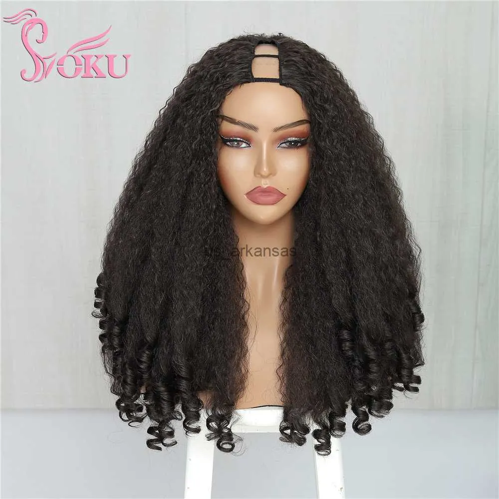 Perruques synthétiques Soku V partie Synthétique demi-perruque pour les femmes afro Bouncy Spring bouclé avec des extrémités bouclées Pas de laisse sans colle de couleurs naturelles CLIP HKD230818