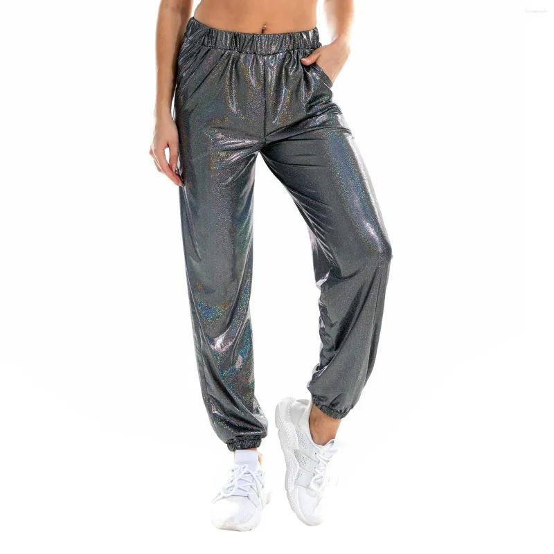 Kvinnor Pants Women Casual Yoga Bottoms Träningskläder Hög midja Elastisk midjeband Shiny Metallic Modern Dance Sport Sportwear