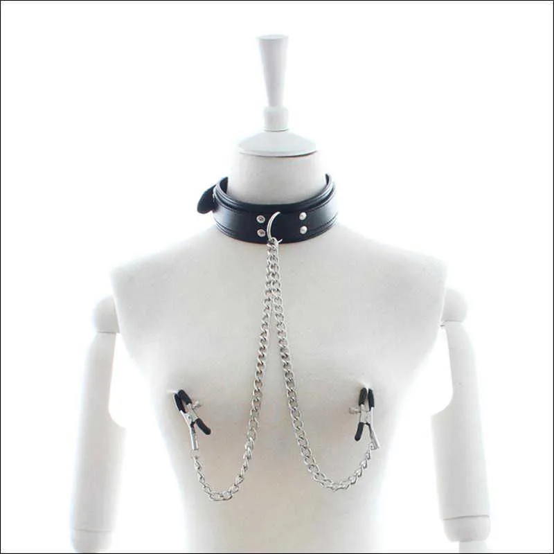 BDSM Bondage Leather Collar with Nipple Clips Adjustable Adult Game Restraints Slave Collars Sex Products for Men Women Couples