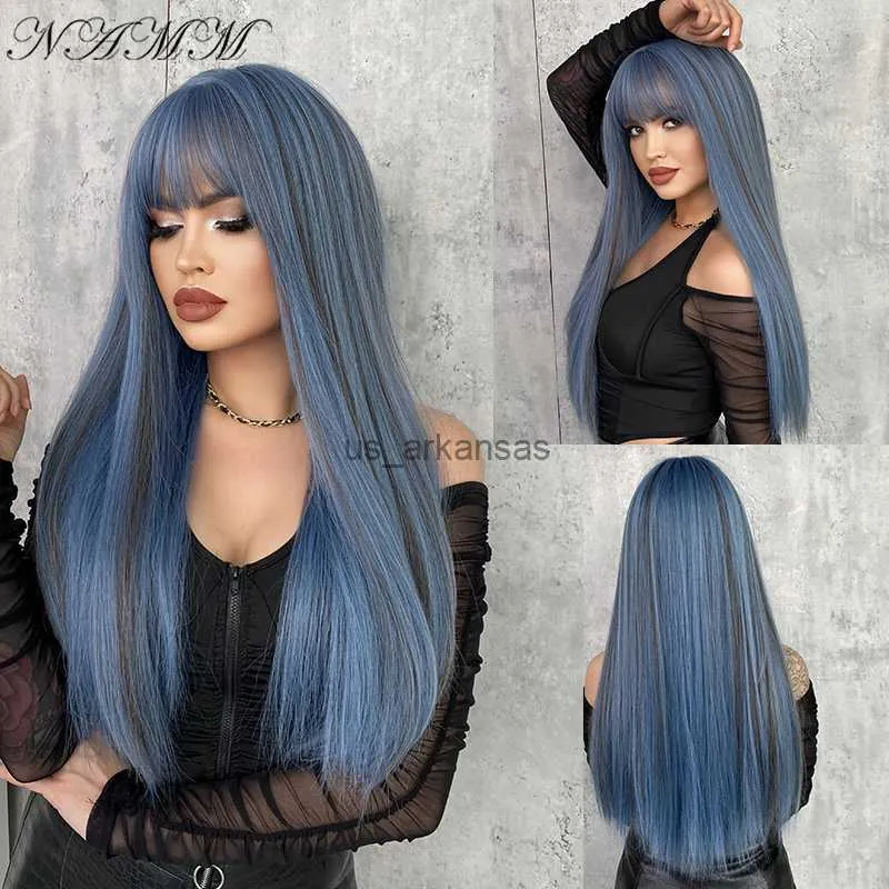 Synthetic Wigs NAMM Fashion Women Synthetic Wigs with Bangs Mermaid Blue Color Long Straight Wigs Cosplay Fake Hair Natural Heat Resistant Wigs HKD230818