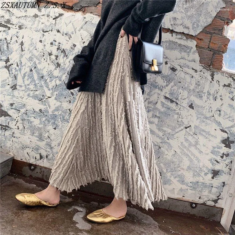 Skirts Autumn Winter Vintage Fringe Knitted Halfskirt Women Slim All Match Irregular A Line Fashion Casual High Waist Skirt