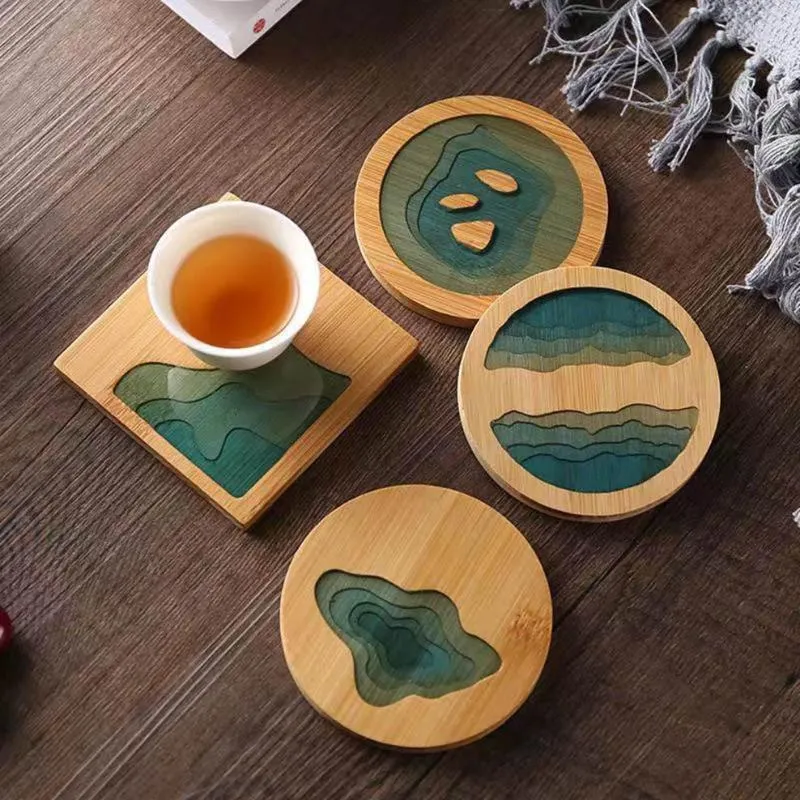 Tea Trays 4 PCS/Lot Ink Pattern Cup Holder Bamboo Square/Round Anti-Scalding Non-Slip Saucer Set Accessories