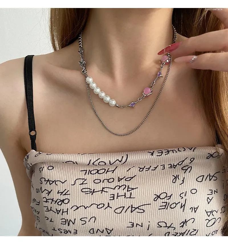 チェーンピンクのボールパネルパール二重層ネックレスパーソナリティアクセサリーCollarBone Chain Girls '