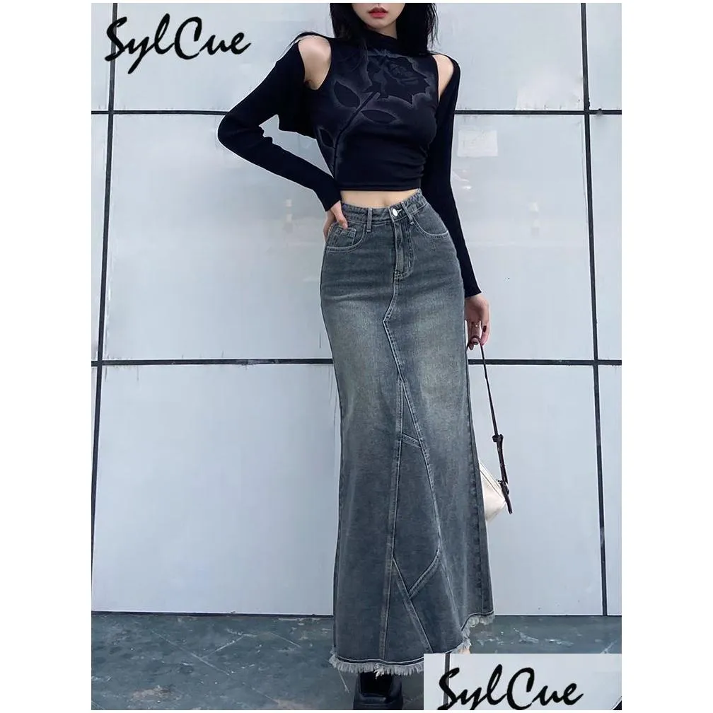 Skirts Sylcue Retro Classic Allmatch Vitality Casual Outing Tight Sexy White Irregar Womens Long Denim Skirt Girl Cool 230615 Drop D Dhfmv