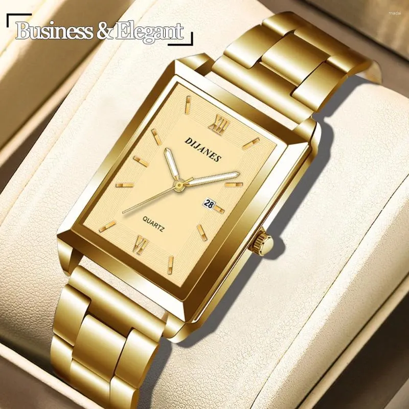 Montre-bracelettes de luxe Couleur en or Date carrée Couple de montres en acier en acier inoxydable.