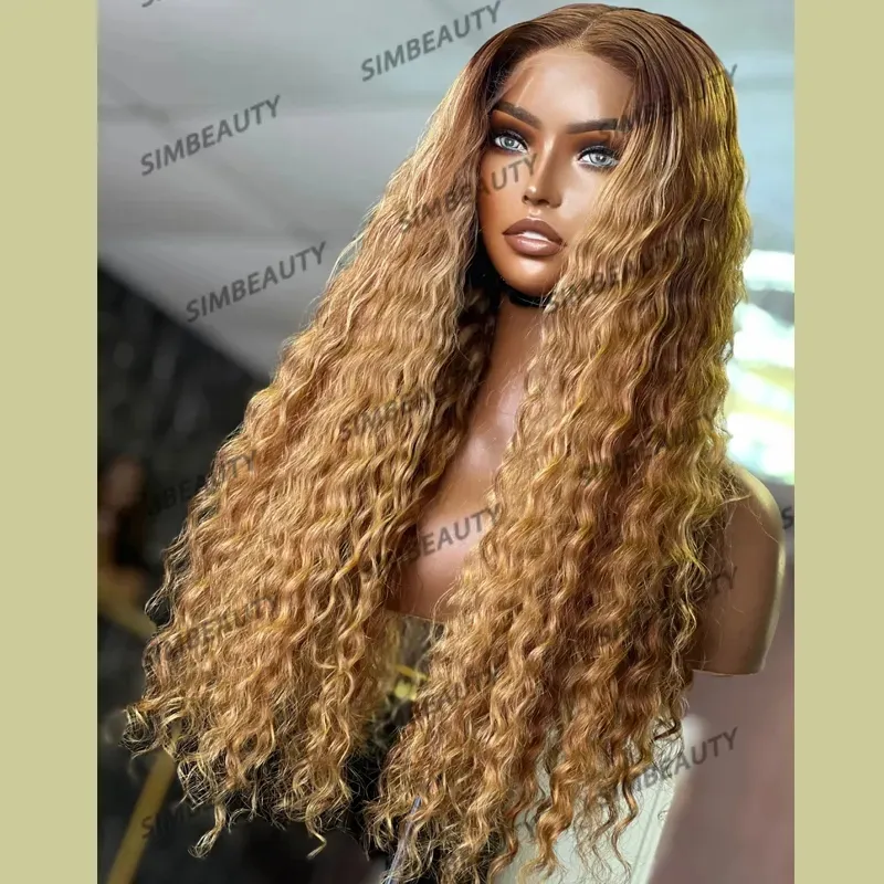 OMBRE #4T #27 Honey Bruin Deep Water Wave Haarpruiken voor zwarte vrouwen Glueless 200 Densiteit Lange voorgeplukte 360 ​​Lace Front Wig