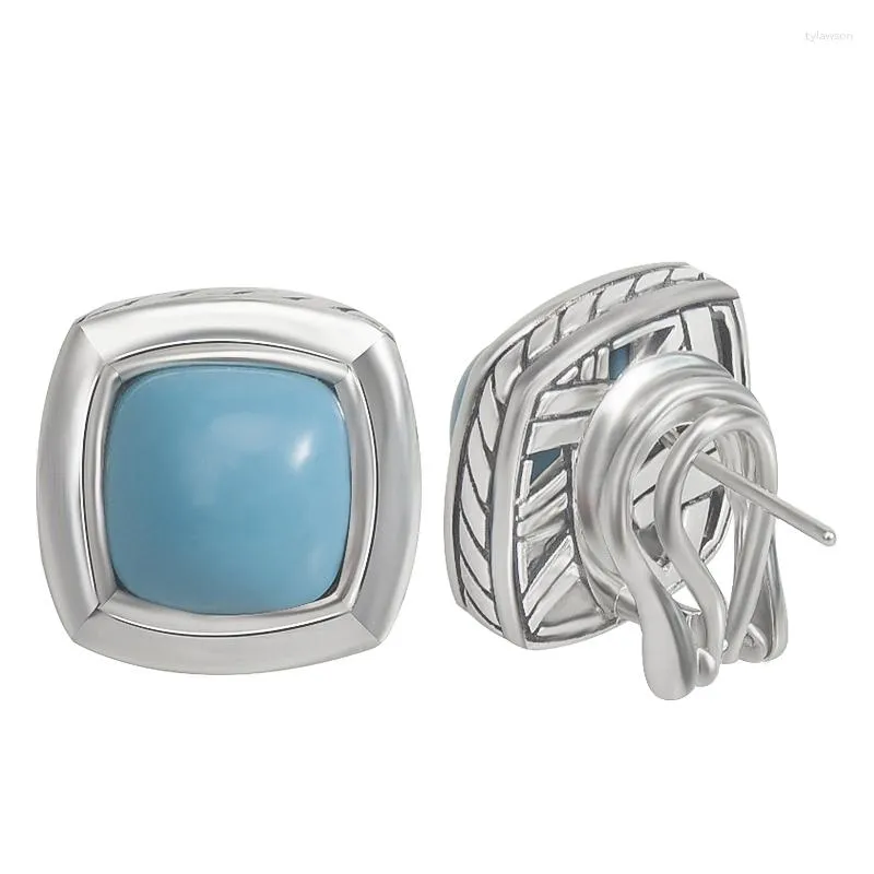 Stud Earrings 11mm Square Turquoise Bezel Setting Trendy 17mm White Gold Plated Jewelry For Women