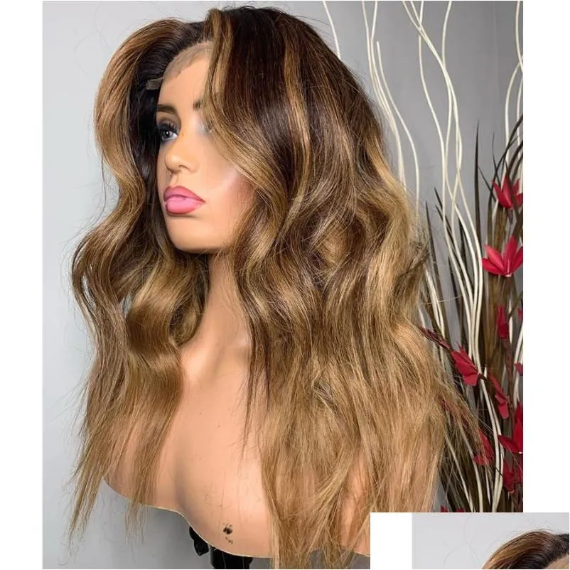 Lace Wigs Ombre Wavy Front Human Hair With Baby 360 Frontal Honey Brown Glueless Silk Top Fl For Women Drop Delivery Products Dhsjo