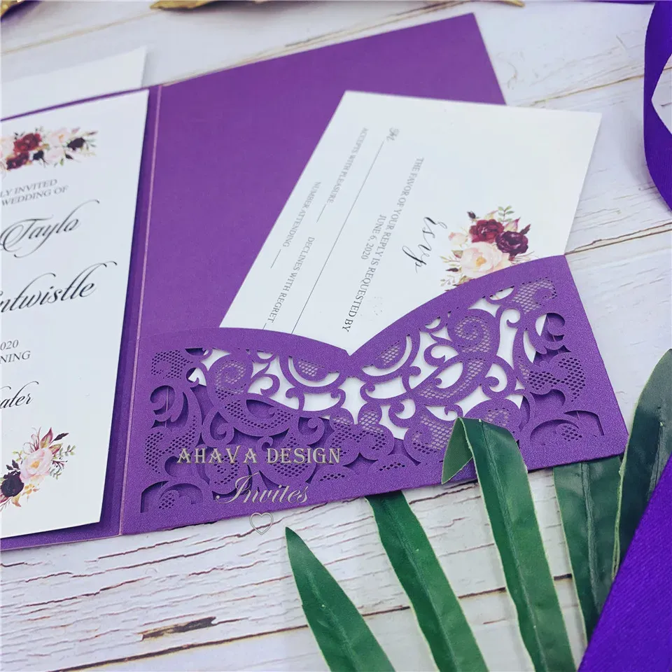 Shimmery Purple Laser Cut Pocket Wedding Invitation Suites, Customizable Invites With Respond Card And Envelope, 