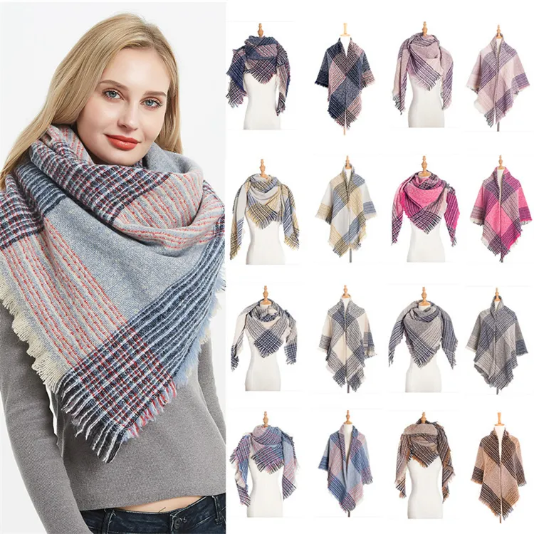Winter Scarves Circle Yarn Thickened Double Sided Plaid Scarfs Barbed Square Scarf Women Shawl T017