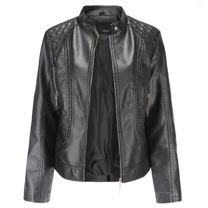 Le cuir féminin 2023 automne hiver pU femmes vestes style européen élégant collier de support zipper manteaux faux moto motos provives