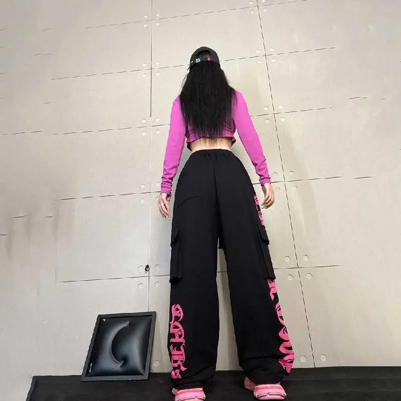 Y2K Streetwear Wide Leg Pants: Black Rose Print, Retro Hip