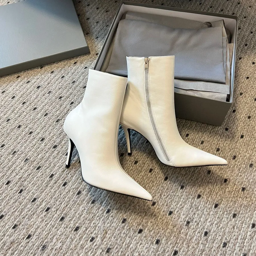 Pointed Heel Ankle Boots Zipper Leather Stiletto Heel Fashion