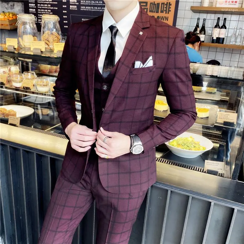 Men's 3-Piece Plaid Wedding Suit - Slim Fit 2-Button Jacket With Vest & Pants For Formal Occasions