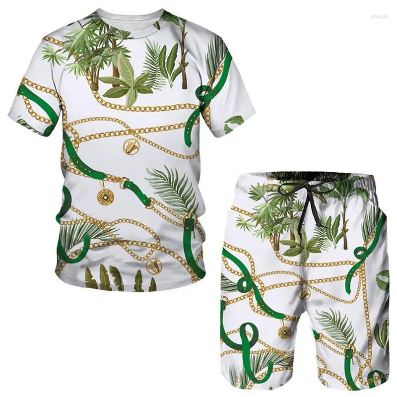 メンズトラックスーツサマープラントチェーンシリーズ3DプリントTシャツショーツスーツマン用ハワイアンカジュアルビーチウェア衣類男性トラックスーツの服