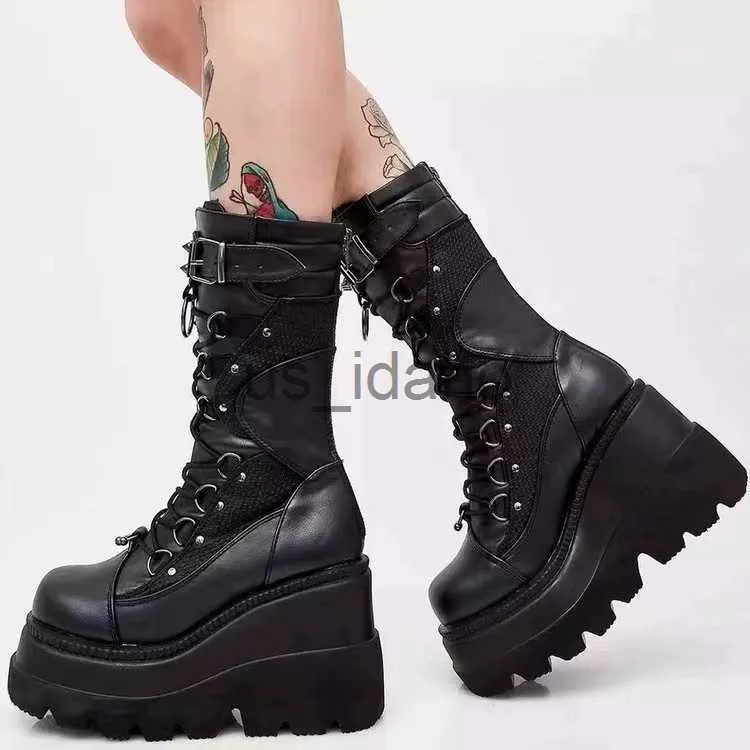 Boots Women High Boots Cosplay Mid-Calf Boots High Platform Wedges Boots 2023 Summer Autumn New Designer Gothic Shoes for Women Botas J230818