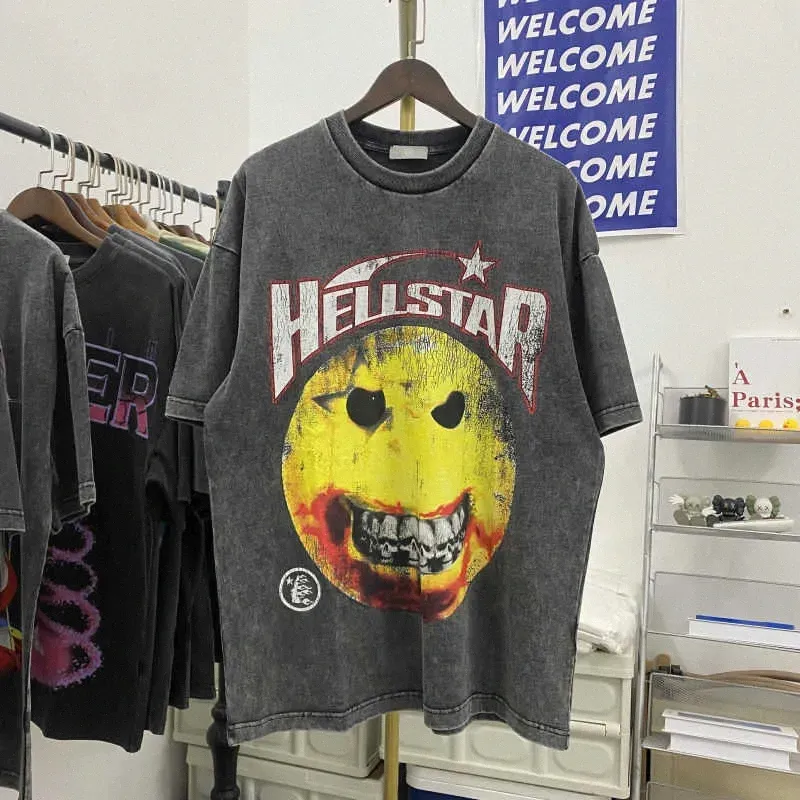 Hellstar Shirt Men Womens T Shirt Grafik Tee Rapper Waschl grau schweres Handwerk Unisex Kurzarm Top High Street Fashion Retro Frauen T-Shirt US S 88kr#