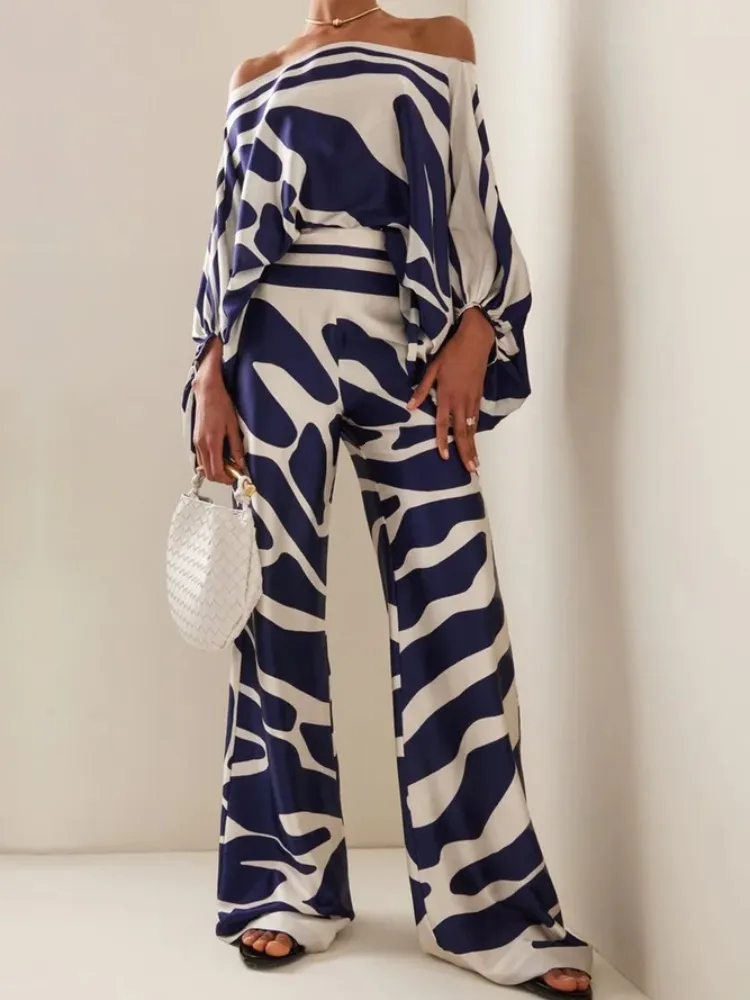 Kvinnor Tvådelar Pants Fashion Print Satin 2 Set Women Casual Lantern Sleeve Off Shoulder Top Wide Leg Suit Chic Blouse Office Lady Outfit 230818