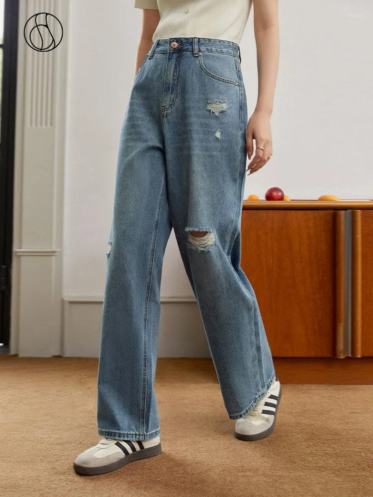 Jeans pour femmes Dushu Old Retro Style Washed Ripped for Women Summer High Street Loose Loose-leg Pantalon Simple Femme