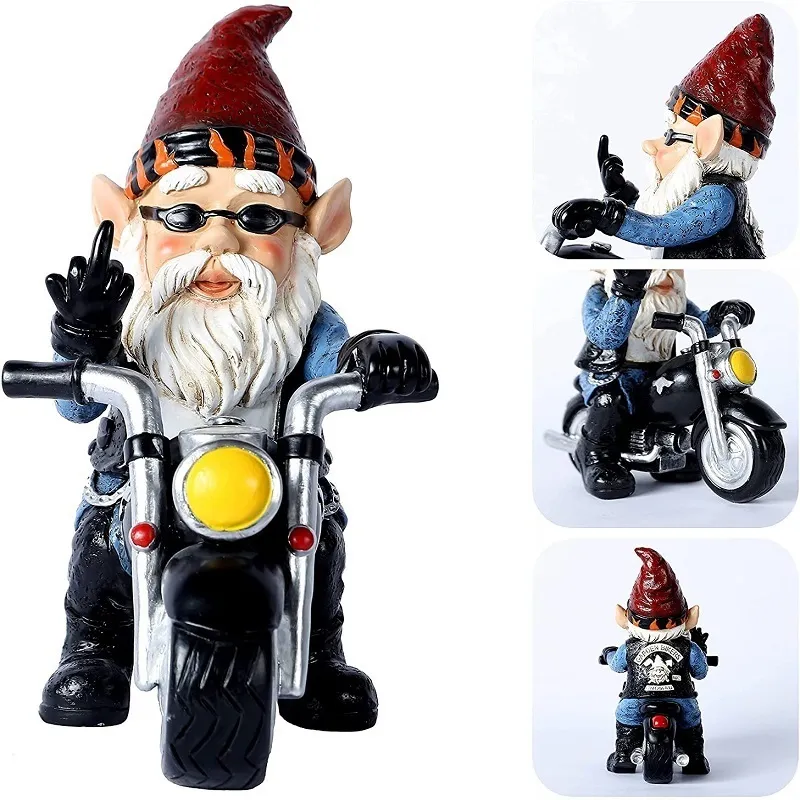 Decoratieve objecten Dwerg Motorfiets Rijstandbeeld Wit Baard Knome Sculpture Hars Crafts Outdoor Yard Lawn Ornament Garden Decor Home Decoratie 230818