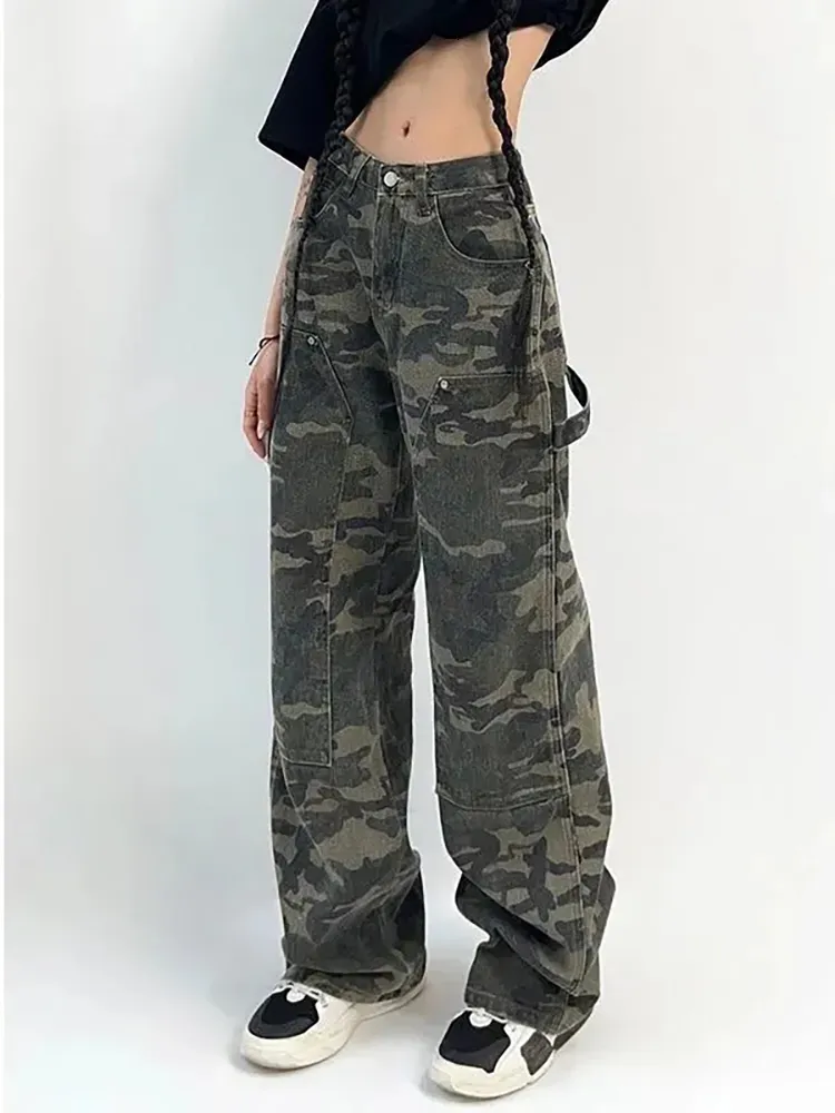 Jean décontracté pour femmes, taille haute, panneau camouflage, pantalon en Denim, ample, jambes larges, mode femme, pantalon de vadrouille, 230817