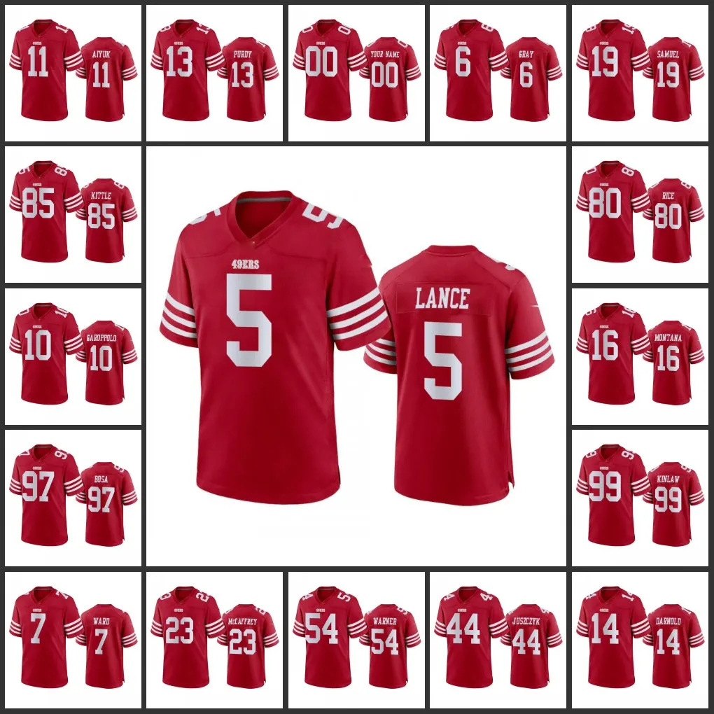 San Francisco''49ers''Men 7 Charvarius Ward 44 Kyle Juszczyk 5 Trey Lance 16 Joe Montana Donna Youth Scarlet Maglia da gioco personalizzata