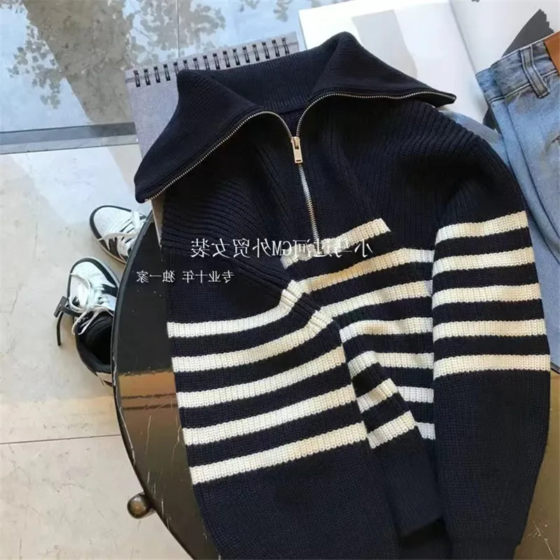 Pulls pour femmes Pull à col roulé rayé à fermeture éclair en cachemire pour femmes Couleur contrastée Manches longues Pulls épais Automne_voghion.com