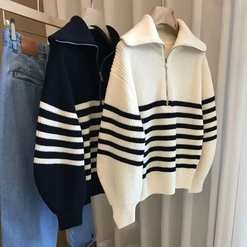 Pulls pour femmes Pull à col roulé rayé à fermeture éclair en cachemire pour femmes Couleur contrastée Manches longues Pulls épais Automne_voghion.com