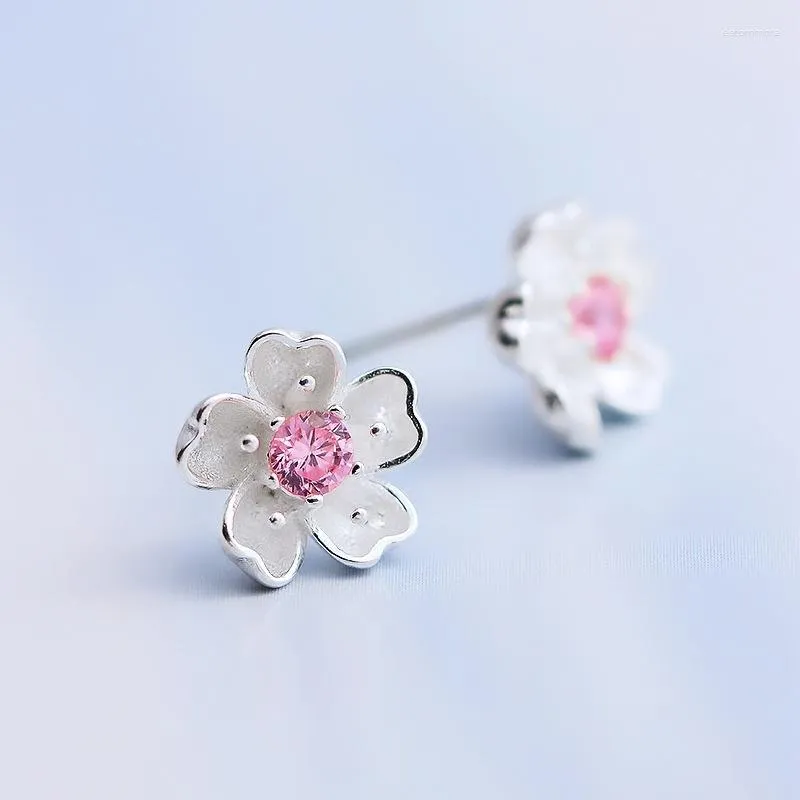 Stud Earrings Korean 5-petal Flower Silver Plated CZ Pink Purple Two Color Crystal Lady Fashion Girl Birthday Party Jewelry Gifts