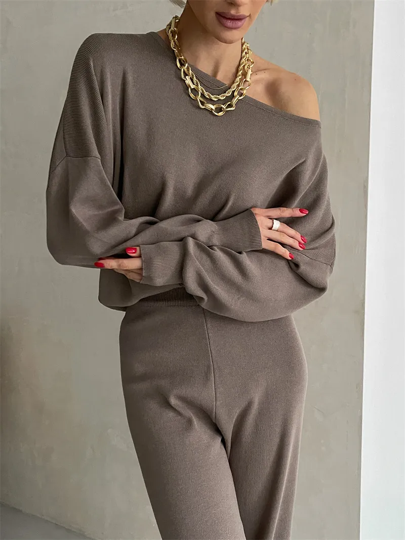 Womens Two Piece Pants One Shoulder Sexy Knit Set Casual 2 Tracksuit Women Sticked Suit and Top Matching Set för 230817