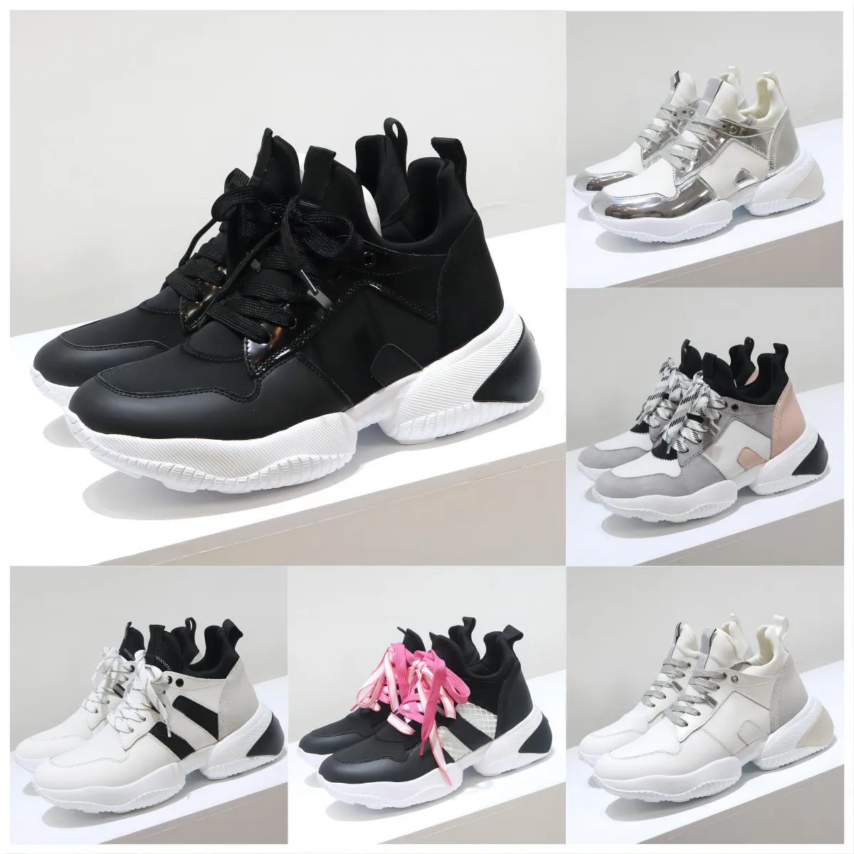 Interactio Sneakers Designer Mesh Sapatos casuais Mulheres plataforma de alta qualidade White Black Silver Fashion Lace-up Nappa Sapato de tênis de couro genuíno