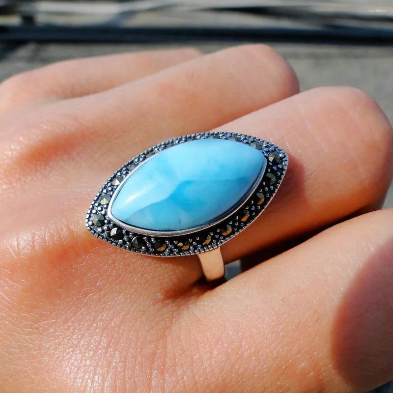 Cluster Rings Est Design Women Ring 925 Sterling Silver Marquise Cut 11x20mm Natural Larimar Gemstone Jewelry