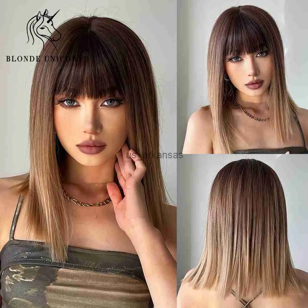 Synthetic Wigs Blonde Unicorn Synthetic Medium Long Straight Ombre Brown Wig For Women Cosplay Daily Party Wigs Heat Resistant False Hair HKD230818