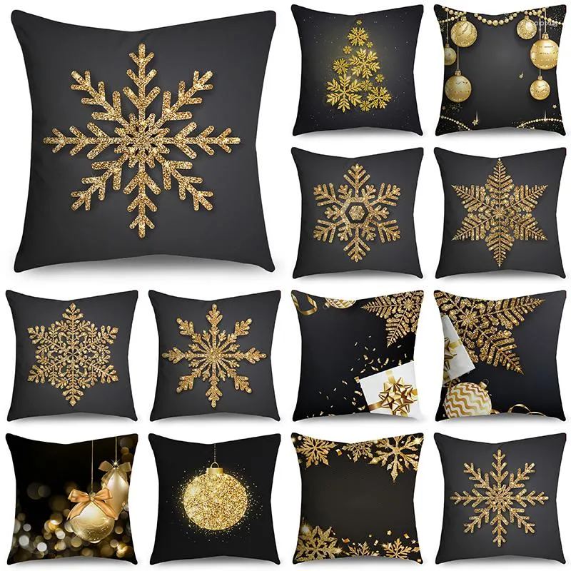 Pillow Golden Christmas Throw Capas 40/45/50cm Shining Xmas Snowflakes Bolas Brophcase Preto para Sofá Decoração de Casa