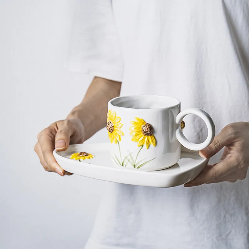 Ceramic Sunflower Coffee Mug Set With Dessert Plate Novelty