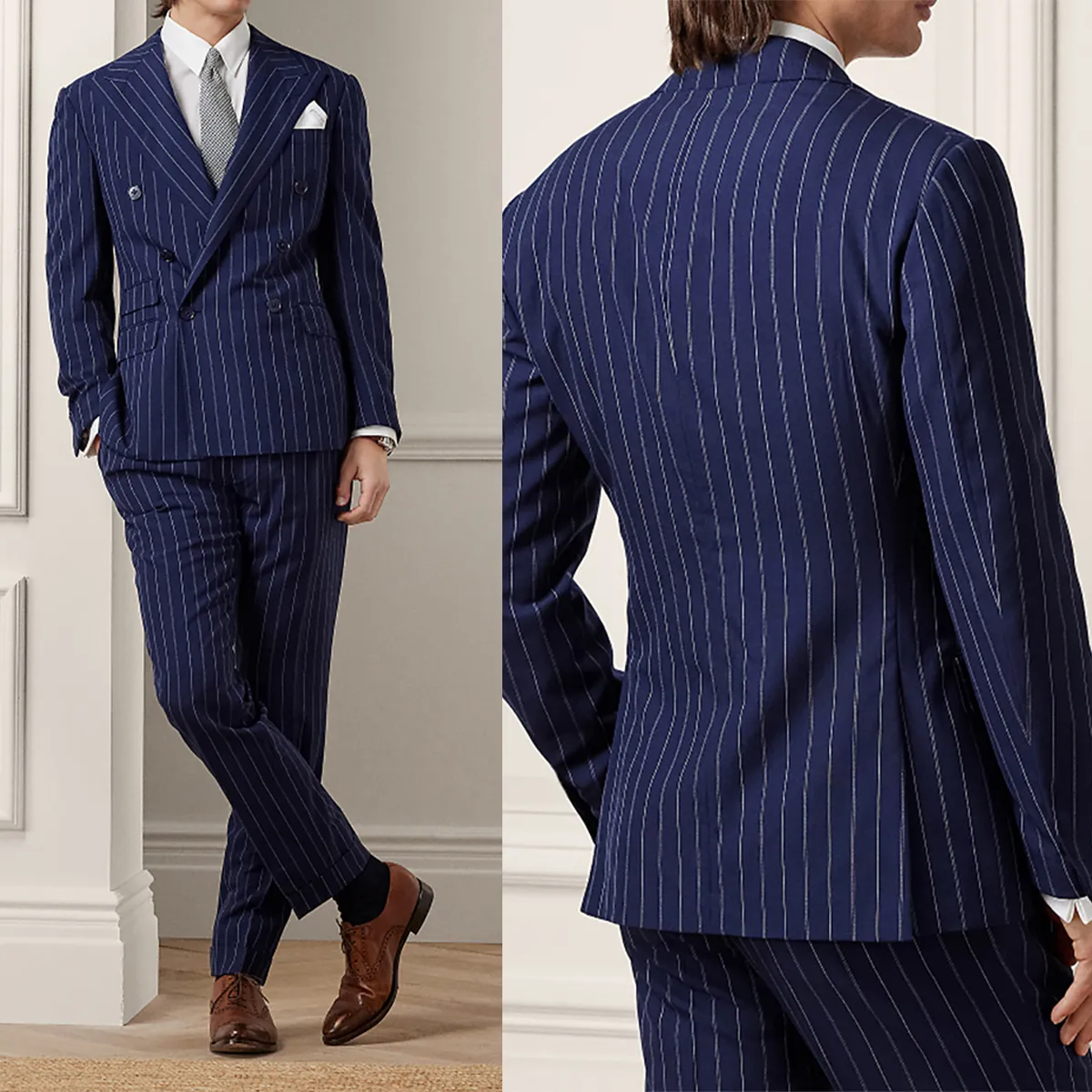 Traje de hombres a rayas para la altura de la solapa de boda de la boda El novio de doble pecho usa 2 chaqueta y pantalones de 2 piezas personalizando el masculino Terno