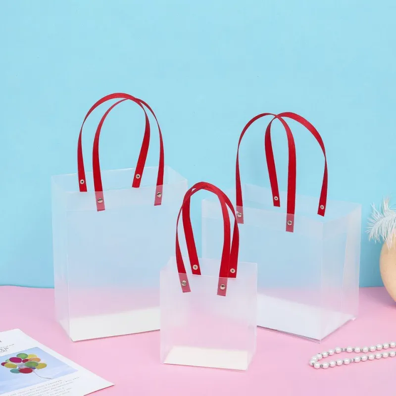 PP Plastic Bag With Red handle PVC Transparent frosted Gift Bag For Party Wedding Christmas Wholesale LX6039