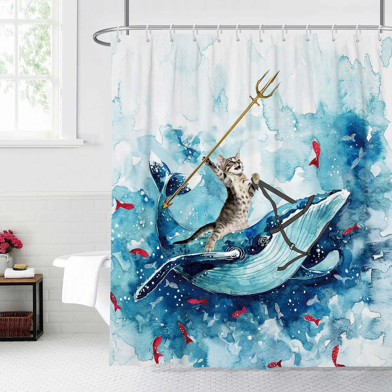 Cortina de ducha divertida, cortina de ducha fresca de ballena de gato en  la onda del océano, cortina de ducha vintage de madera rústica para granja  Afortunado Sencillez