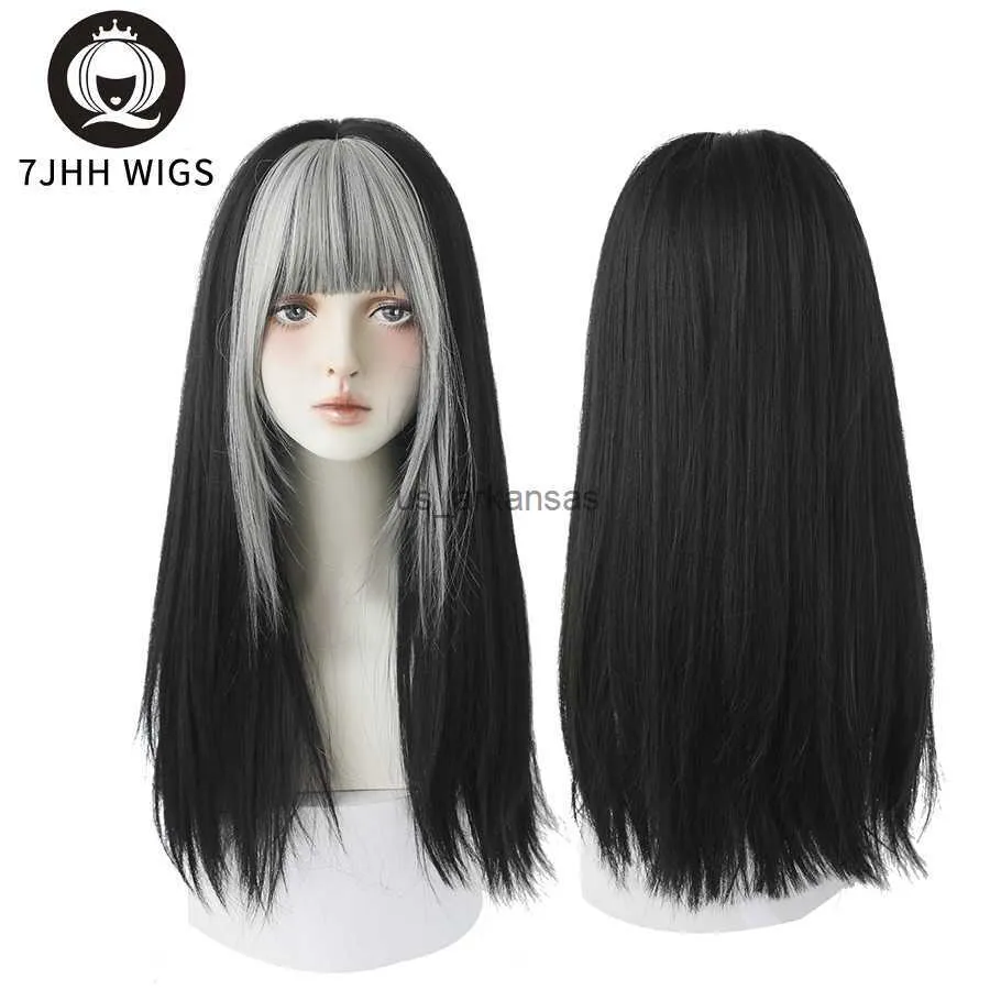 Synthetic Wigs 7JHH WIGS Highlighted Grey Black Kinky Straight Synthetic Wigs With Fluffy Bangs For Women Daily Wear Toupee Heat-Resistant Hair HKD230818