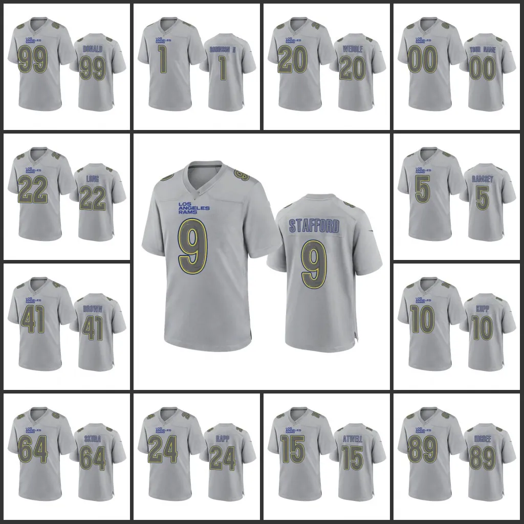 Jerseys Los Angeles''Rams''Men 10 Cooper Kupp 99 Aaron Donald 9 Matthew Stafford 5 Jalen Ramsey Femmes Jeunesse Gris Atmosphère personnalisée Maillot de jeu de mode