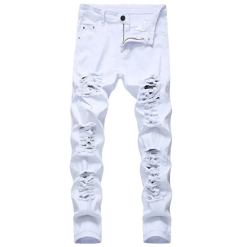 Herrenhose Herren weiße Jeans Mode Hip Hop Ripped Dünne Männer Denimhose Schlanker Fit Stretch Disteltee Reißverschluss Jean Hosen Hochqualität 230817