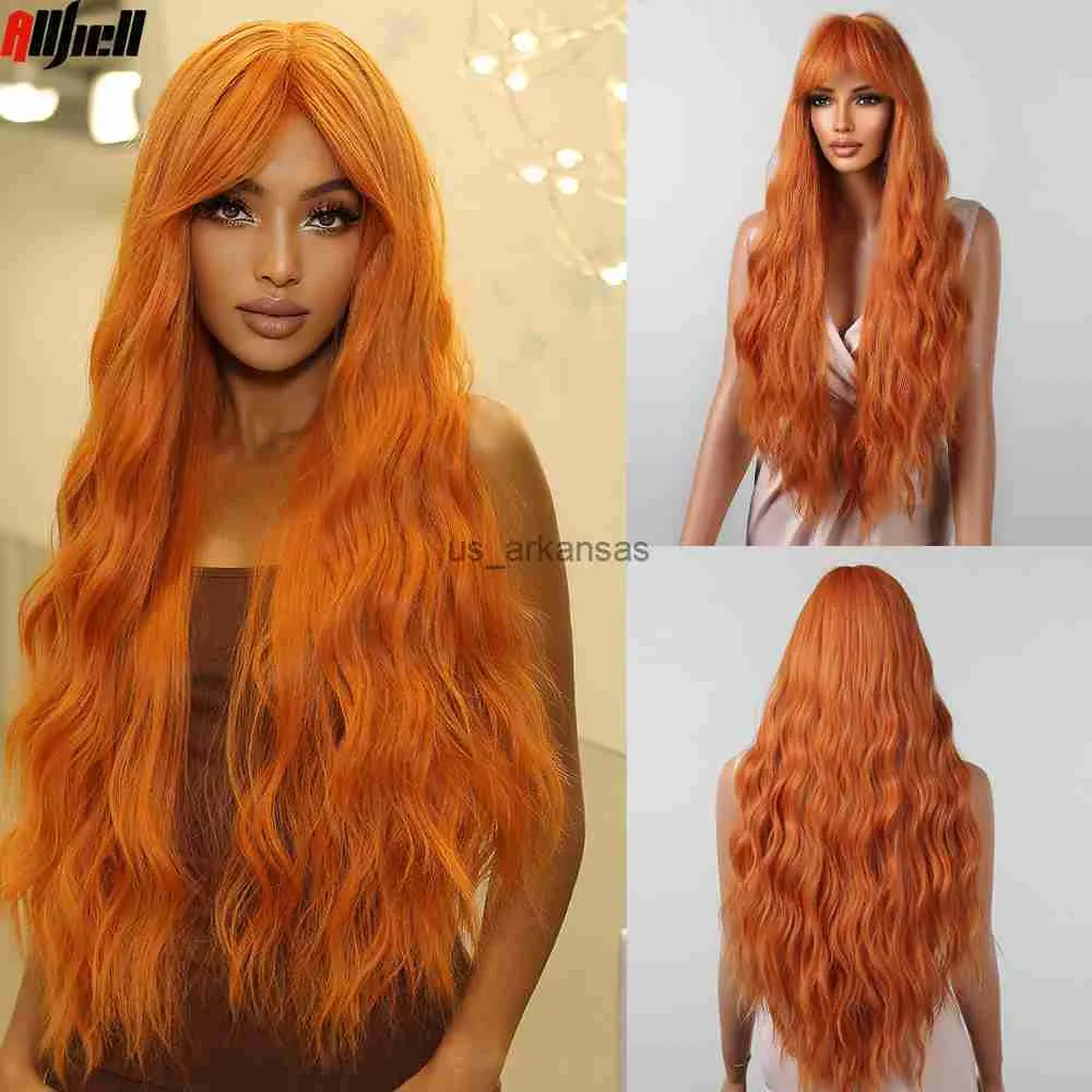 Perruques Synthétiques Longues Ondulées Orange Coloré Cosplay Perruques Vague Profonde Cuivre Gingembre Perruque Synthétique Bang Cheveux pour Femmes Noires Perruque Partie Résistant À La Chaleur HKD230818