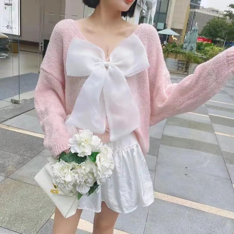 Women's Sweaters Sweater V-neck Open Back Bow Knitted Oversized Top Spring/Autumn Sweet CuteThin Pullover Korean Style Tops