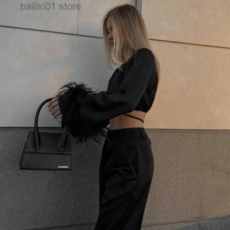 Black Feather Satin Two Piece Set With Long Sleeve Crop Top And