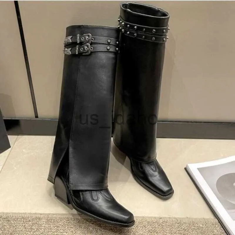 Stövlar Nya kvinnors designer Luxury Black Leather Boots Tjock Soled High Heel Boots Knee High Boots High Heel Long Boot Wedges Bootas J230818