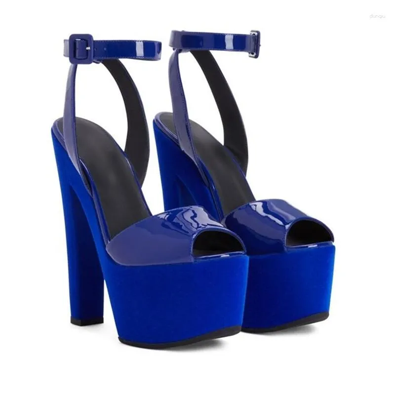 Sandales en cuir suédé Sexy bleu Patchwork boucle sangle talon épais CM plate-forme talons hauts Peep Toe chaussures fête d'été s