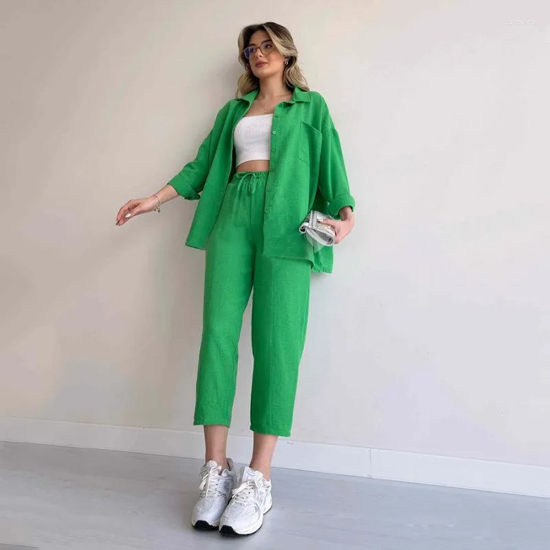 2023 Womens Cotton Linen Two Piece Set: Long Sleeve Shirt And Ankle Length  Pants Casual, Loose Fitting, And Versatile Commuter Street Jazzercise  Apparel Pajamas From Shacksla, $25.93