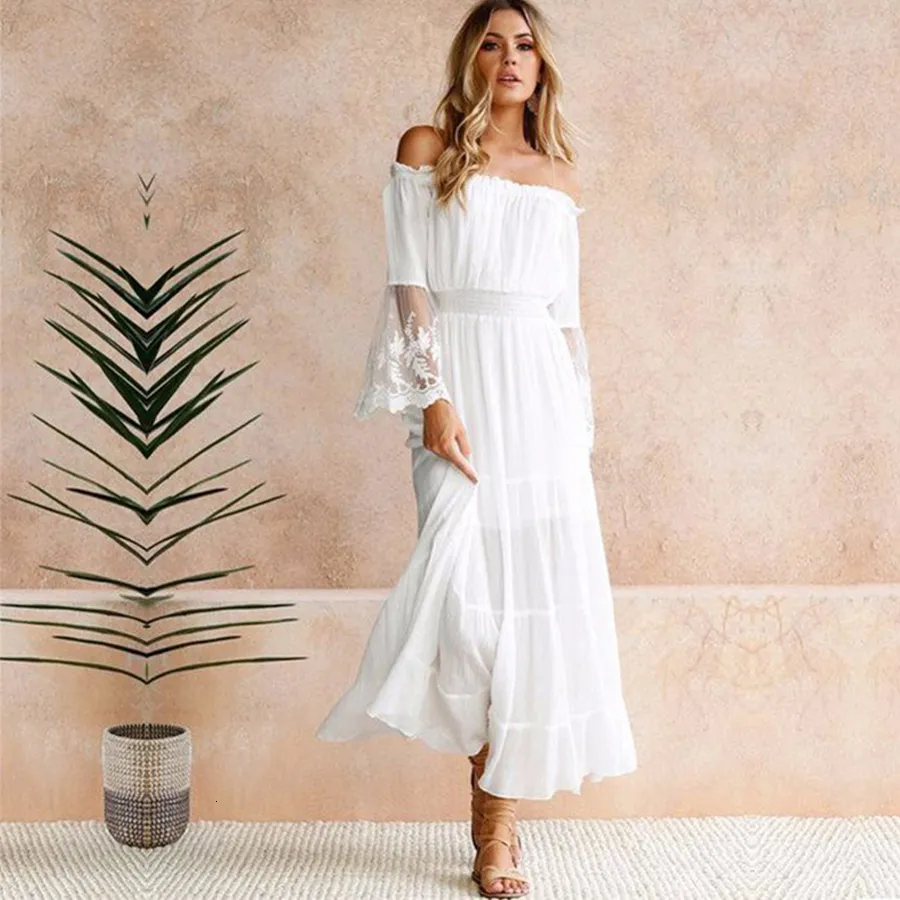 Robes décontractées basiques TEELYNN longue robe boho blanc sexy sur l'épaule plage robe d'été Flare manches longues épissure dentelle femmes robes robes d'été 230818