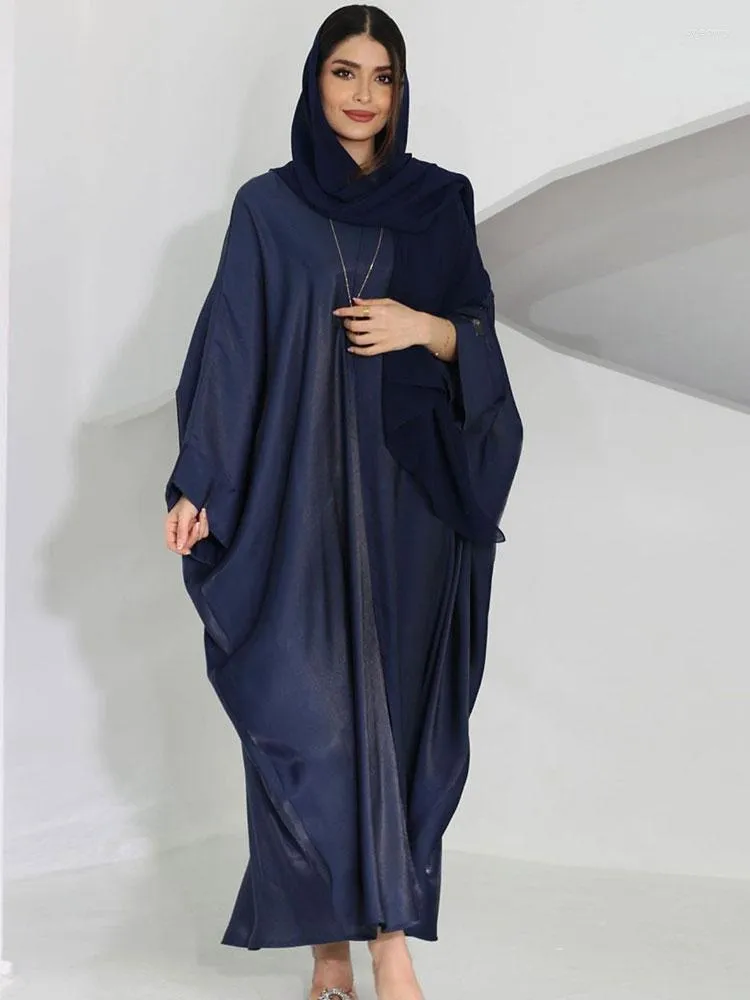 Ethnische Kleidung Batwing Open Abaya für Frauen glänzende Satin -Falten -Manschette Muslim Dubai Kimono Strickjacken Langes Kleides Abendparty Bescheidenes Outfit