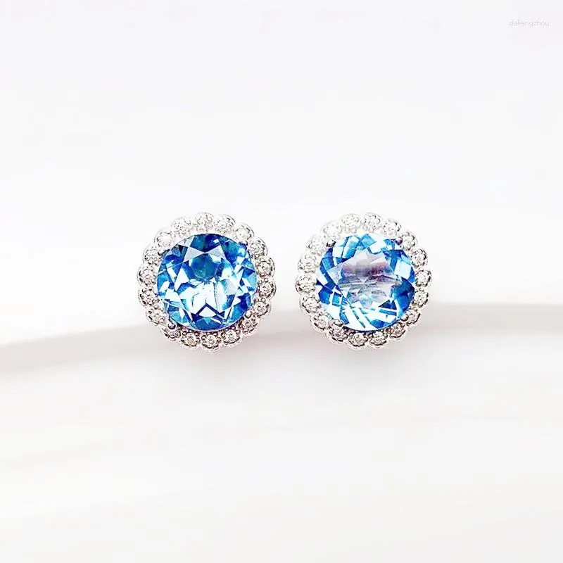 Boucles d'oreilles Natural Real Blue Topaz Round Round Earge 8 8 mm 2.5ct 2pcs Gemstone 925 Bijoux fins en argent sterling pour hommes ou femmes x2191230